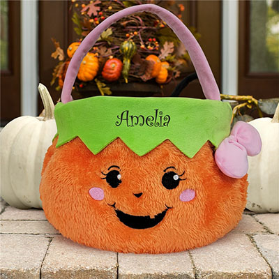 Girl Fuzzy Pumpkin Trick or Treat Basket