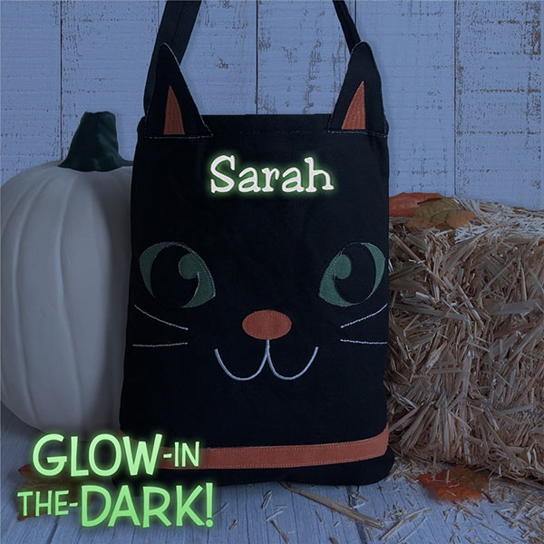 Embroidered Cat Trick or Treat Bag with Glow in the Dark Thread