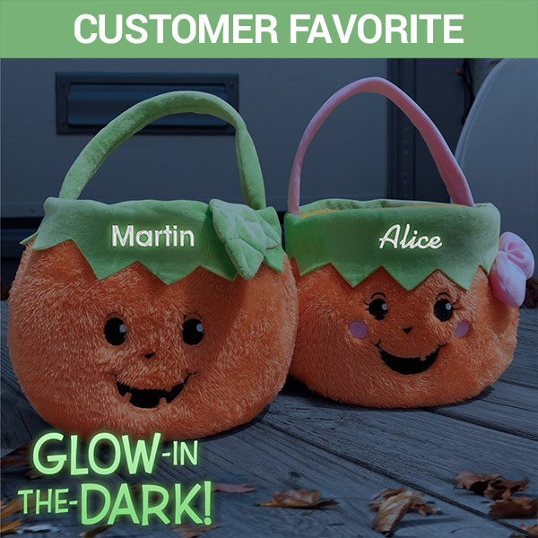 Name Fuzzy Pumpkin Trick or Treat Basket with Glow in the Dark Thread