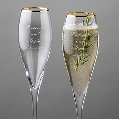 Engraved Wedding Couple Gold Rim Tulip Champagne Flute Set