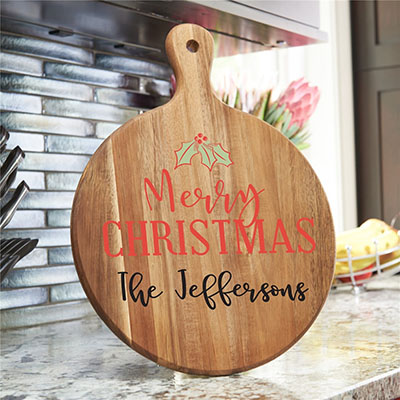Personalized Vintage Merry Christmas Round Acacia Paddle
