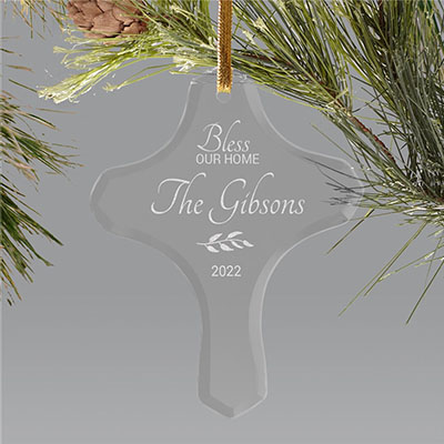 Engraved Bless Our Home Glass Cross Holiday Ornament