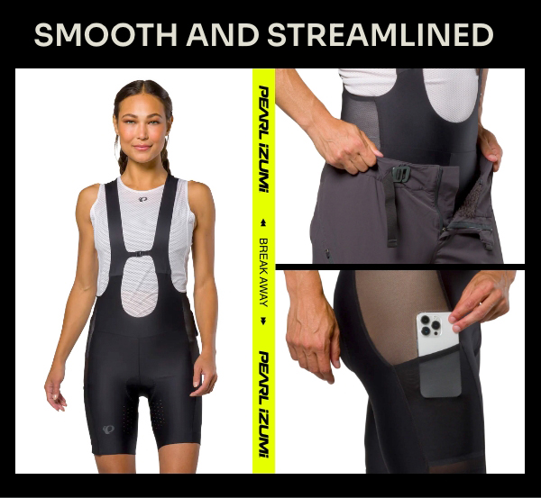 A composite of three images showing a women in Transfer Pro Liner bibs and a white base layer, a male rider pulling up shell shorts over bibs, and a woman placing an iPhone into mesh cargo pocket