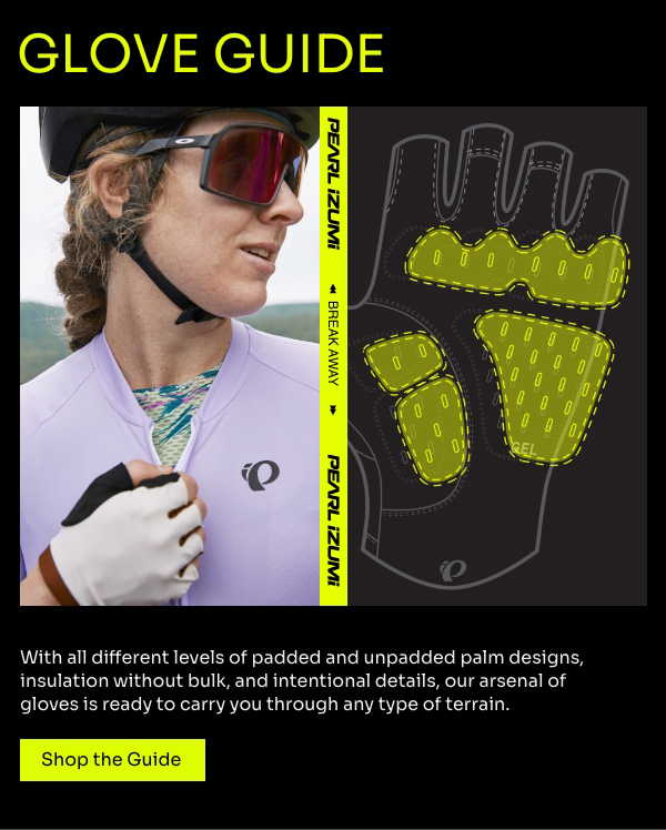Headshot of female cyclist wearing a fingerless cycling glove and a purple jersey. TEXT: Glove Guide