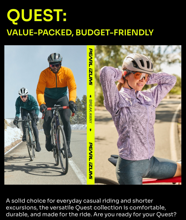 Two men on road bikes ride in winter woman in purple floral jacket sits astride her bike