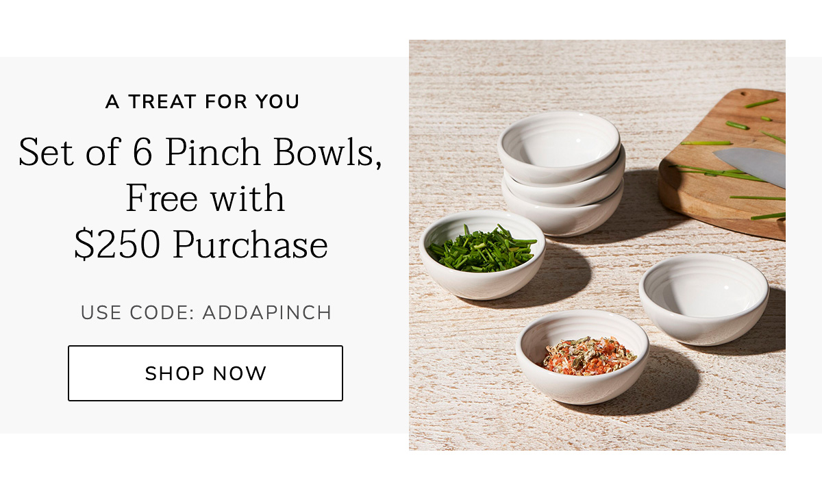 A TREAT FOR YOU: Free Set of 6 Pinch Bowls with $250 Purchase USE CODE: ADDAPINCH - SHOP NOW