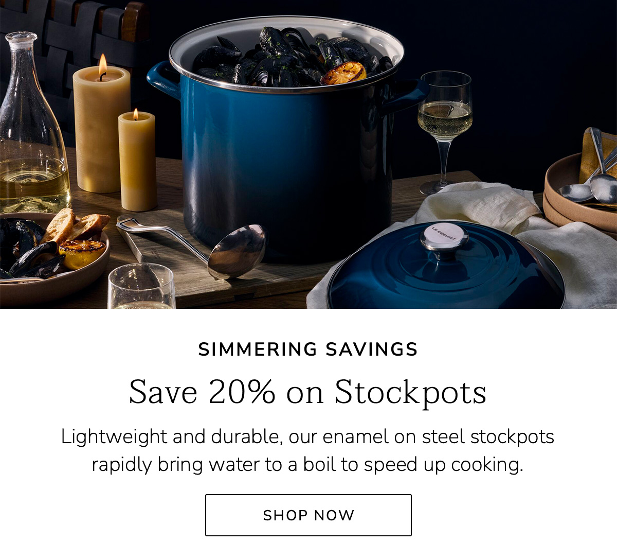 SIMMERING SAVINGS: Save 20% on Stockpots - Lightweight and durable, our enamel on steel stockpots rapidly bring water to a boil to speed up cooking. BUY NOW