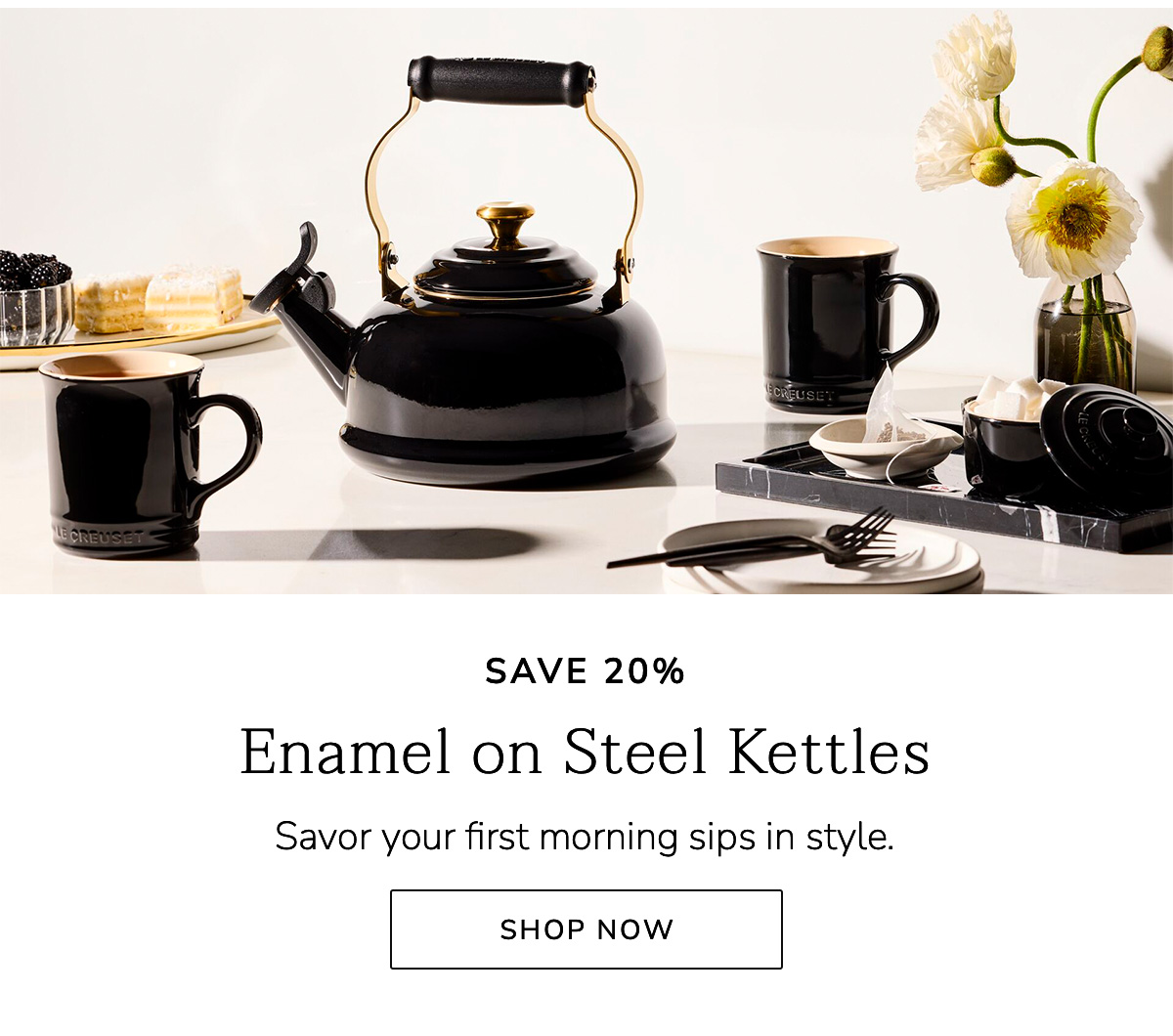 SAVE 20% - Enamel on Steel Kettles - Savor your first morning sips in style. SHOP NOW