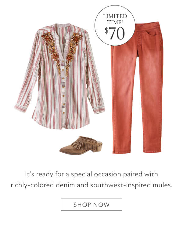 Limited Time! $70. It's ready for a special occasion paired with richly-colored denim and southwest-inspired mules.