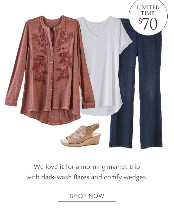 Limited Time! $70 We love it for a morning market trip with dark-wash flares and comfy wedges. Shop now