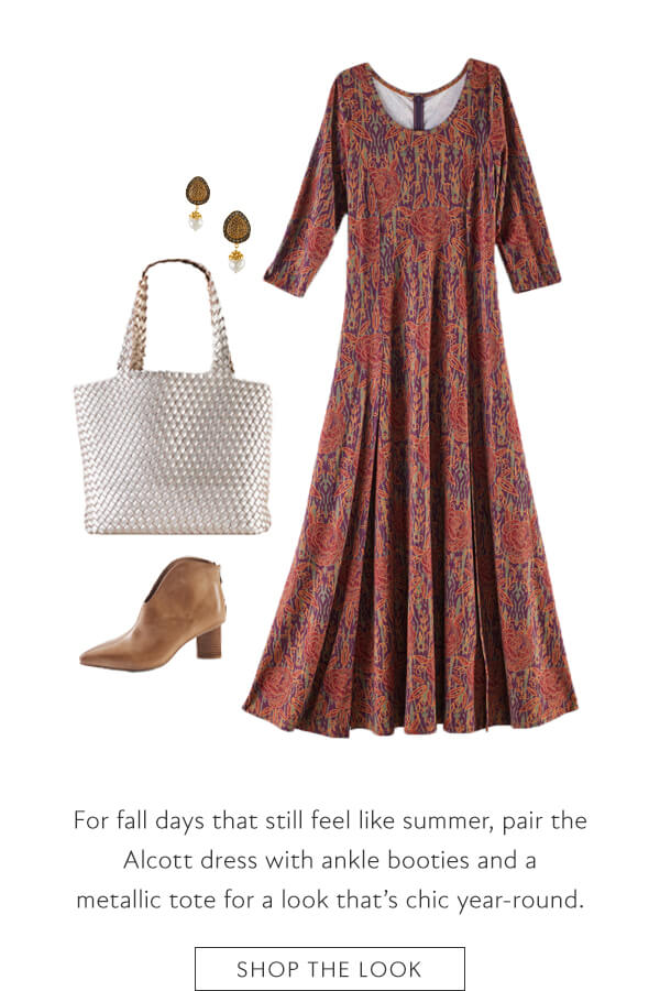 For fall days that still feel like summer, pair the Alcott dress with ankle booties and a metallic tote for a look that's chic year-roung. Shop the look