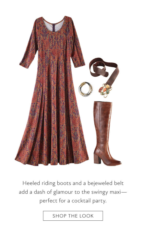 Heeled riding boots and a bejeweled belt add a dash of glamour to the swingy maxi - perfect for a cocktail party. Shop the look