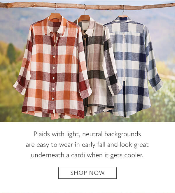 Plaids with light, neutral backgrounds are easy to wear in early fall and look great underneath a cardi when it gets cooler. Shop now