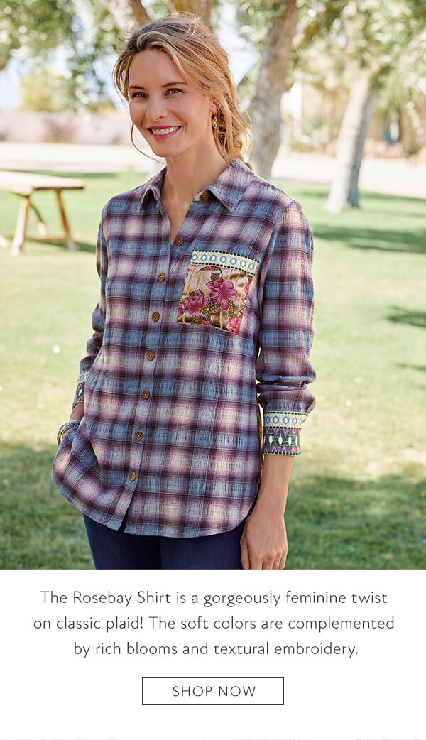 The Rosebay Shirt is a gorgeously feminine twist on classic plaid! The soft colors are complemented by rich blooms and textural embroidery. Shop now