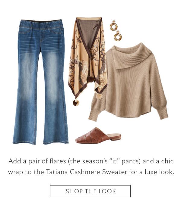 Add a pair of flares and a chic wrap to the Tatiana Cashmere Sweater for a luxe look. Shop the look