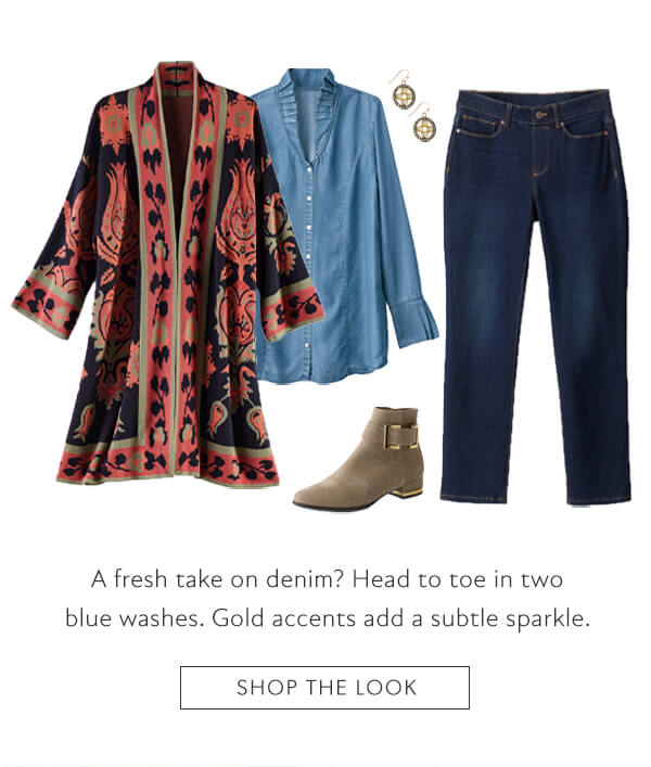 A fresh take on denim? Head to toe in two blue washes. Gold accents add a subtle sparkle. Shop the look