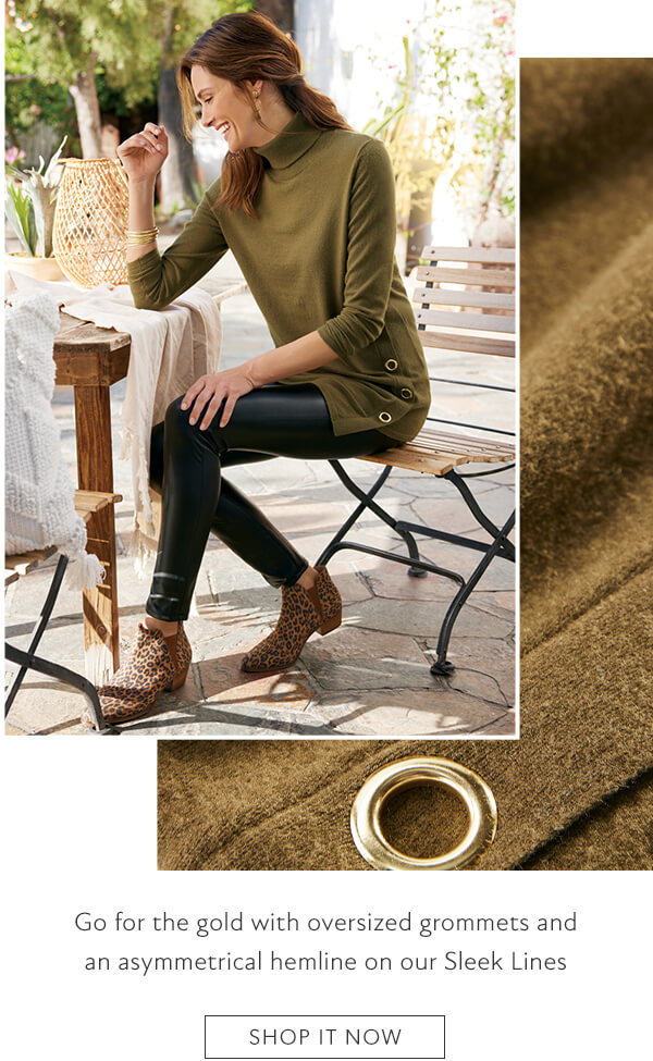 Go for gold with oversized grommets and an asymmetrical hemline on our Sleek Lines. Shop it now