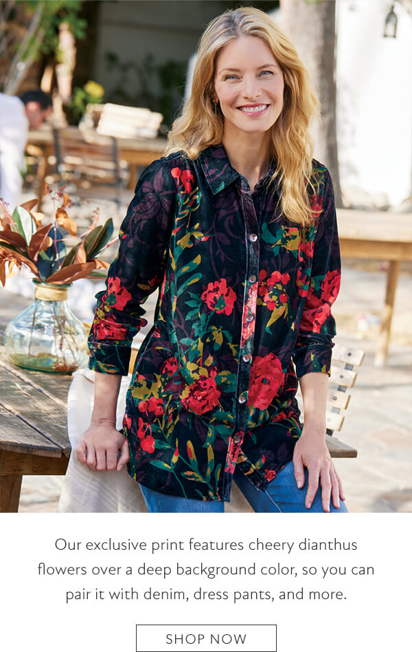 Out exclusive prints features cheery dianthus flowers over a deep background color, so you can pair it with denim, dress pants and more. Shop now