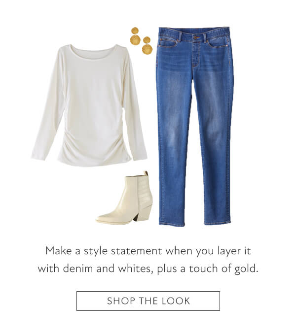 Make a style statement when you layer it with denim and whites, plus a touch of gold. Shop the look