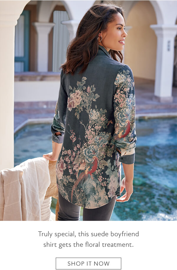 Truly special, this suede boyfriend shirt gets the floral treatment. Shop it now