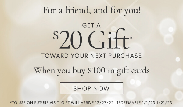 Get a $20 gift toward your next purchase when you buy $100 in gift cards