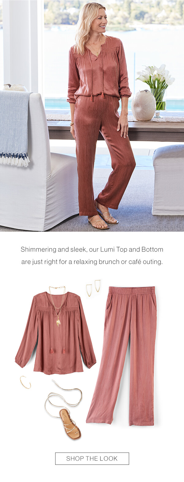 Shimmering and sleek, our Lumi Top and Bottom are just right for a relaxing brunch or cafe outing. Shop the look