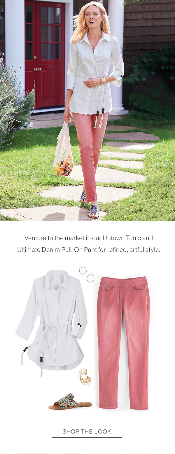 Venture to the market in our Uptown Tunic and Ultimate Denim Pull-On Pant for refined, artful style. Shop the look