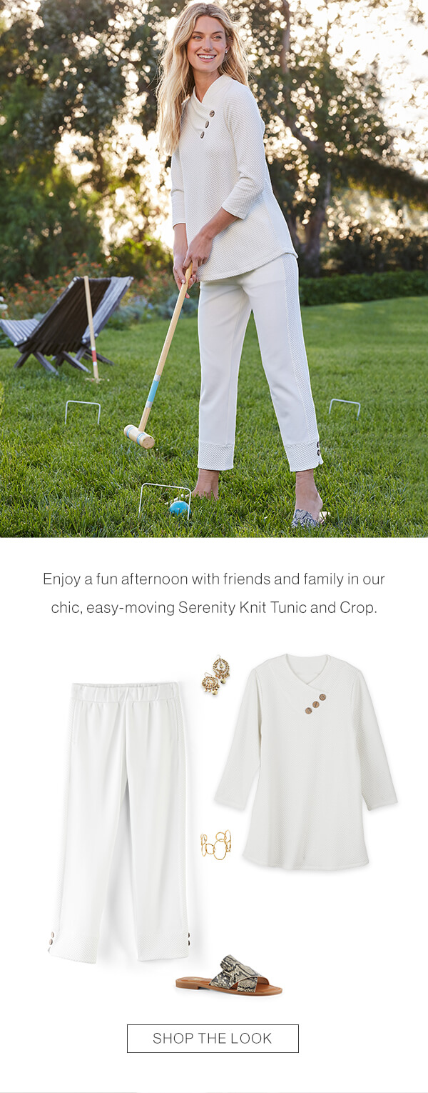 Enjoy a fun afternoon with friends and family in our chic, easy-moving Serenity Kint Tunic and Crop. Shop the look