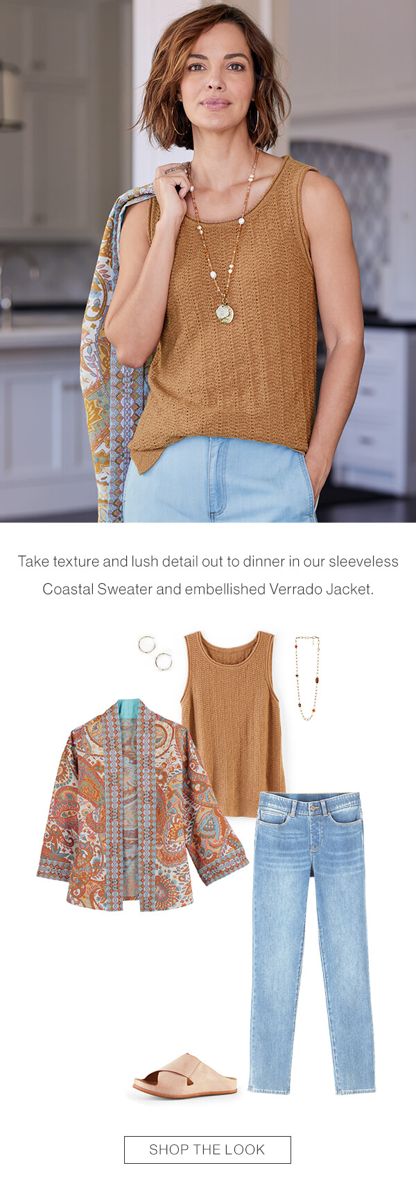 Take texture and lush detail out to dinner in our sleeveless Coastal Sweater and embellished Verrado Jacket. Shop the look