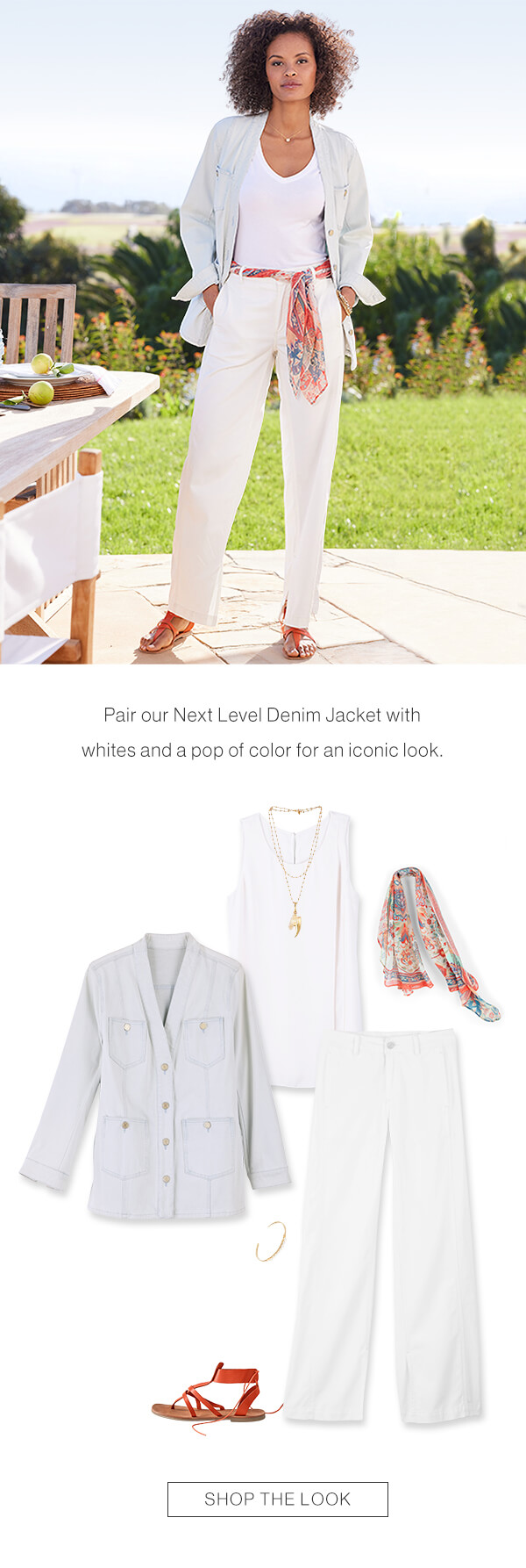 Pair our Next Level Denim Jacket with whites and a pop of color for an iconic look. Shop the look