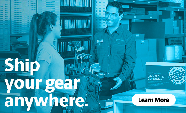 Ship your gear anywhere. - A woman hands a golf bag to a The UPS Store associate at the counter. your gear 
