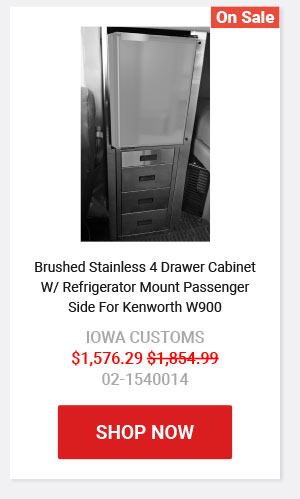 Brushed Stainless 4 Drawer Cabinet W/ Refrigerator Mount Passenger Side For Kenworth W900  IOWA CUSTOMS Now: $1,576.74 Was: $1,854.99  02-1540014