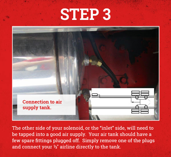 The other side of your solenoid, or the ‘’inlet’’ side, will need to be tapped into a good air supply. Your air tank should have a few spare fittings plugged off. Simply remove one of the plugs and connect your ½" airline directly to the tank.