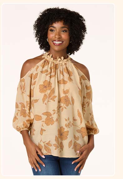 Shop Beige Floral Lace Trim Top