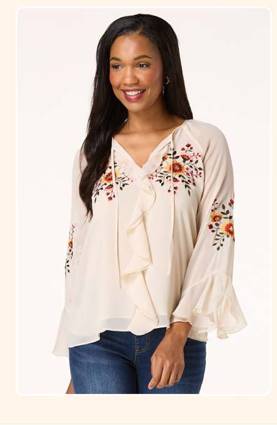 Shop Ruffled Floral Embroidered Top