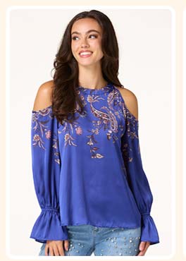 Shop blue paisley cold shoudler top
