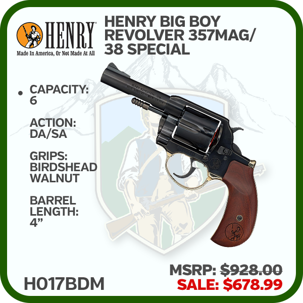 HENRY Henry Big Boy Revolver 357 Mag/38 Spl 4 " 6rd Revolver W/Birdshead Walnut Grip - Black