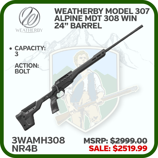Weatherby Model 307 Alpine Mdt 308 Win 24 " 3rd Bolt Rifle W/Fluted Threaded Barrel | Black