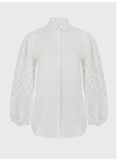 White Crepe Shirt with Eyelet Lace Sleeves