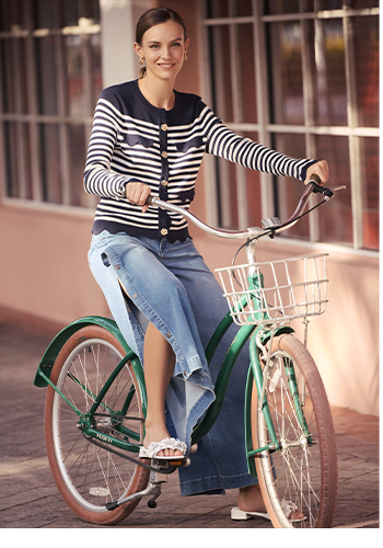 Blue And White Striped Cardigan With Gold Flower Buttons