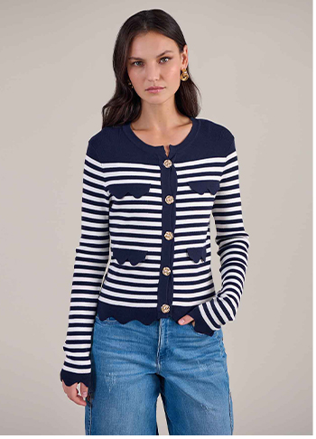 Blue And White Striped Cardigan With Gold Flower Buttons