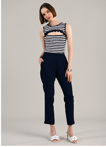 Sleeveless Blue And White Knit Tank With Scalloped Hem