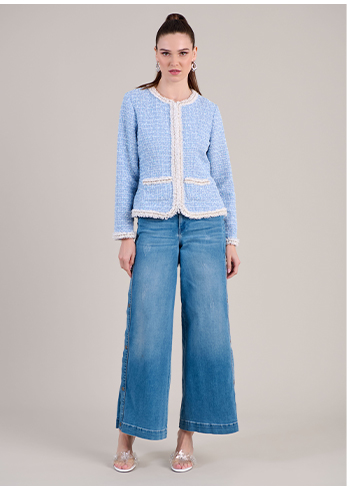 Blue Structured Tweed Jacket With White Pearl And Crystal Trim