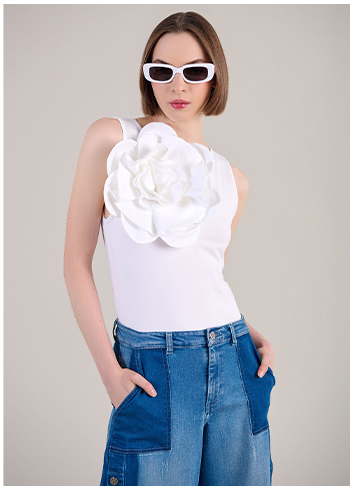 White Sleeveless Cotton Jersey Top With White Oversized Statement Flower
