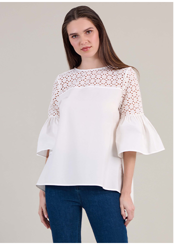 White Cotton Poplin Babydoll Shirt With Geometric Eyelet Design