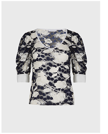 Blue and white short sleeve floral lace top with v-neck