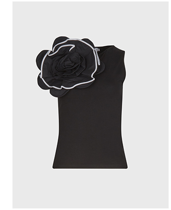 Black Sleeveless Cotton Jersey Top With Oversized Statement Flower