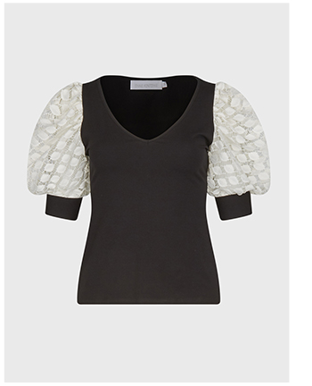 Black V-Neck Short Sleeve Top with White Open Lace Puff Sleeves