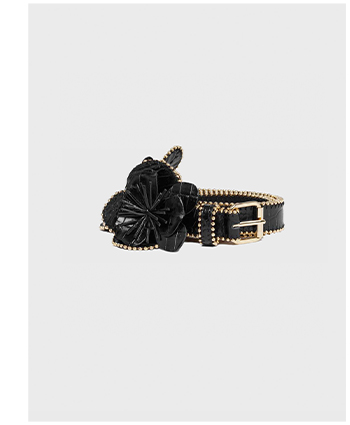 Black Bovine Leather Belt With Floral Accents and Gold Pearl Studds