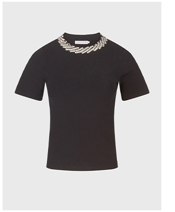 Black Short Sleeve Viscose Knit Pullover With Round Neckline Trimmed With Rhinestones